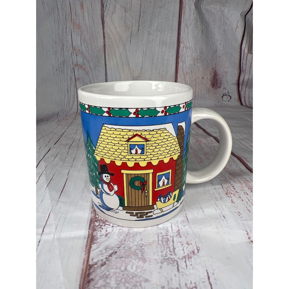 Christmas Mug Snowman House Trees Holiday Winter Coffee Cup Vintage 1990s - Picture 1 of 4